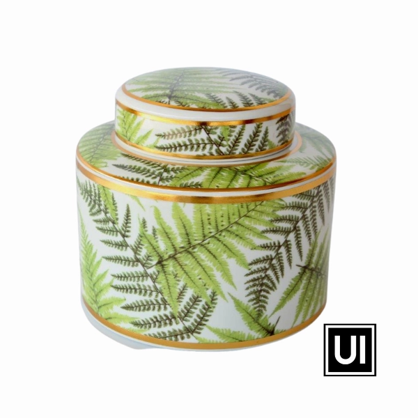 Green and gold fern design jar with lid 16.5X19CM