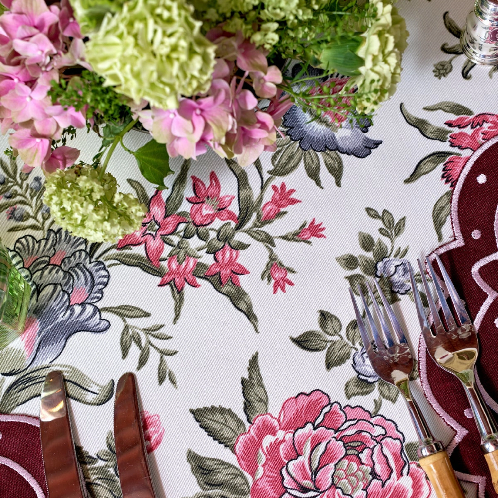 Green and Pink Floral Design Tablecloth