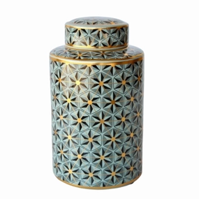 GREEN, BLACK & GOLD GEOMETRIC DESIGN JAR WITH LID 30X17CM decorative home ornament