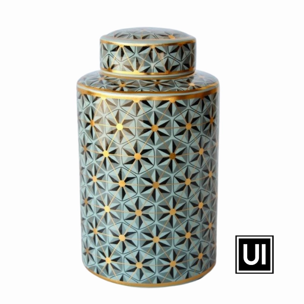 GREEN, BLACK & GOLD GEOMETRIC DESIGN JAR WITH LID 30X17CM