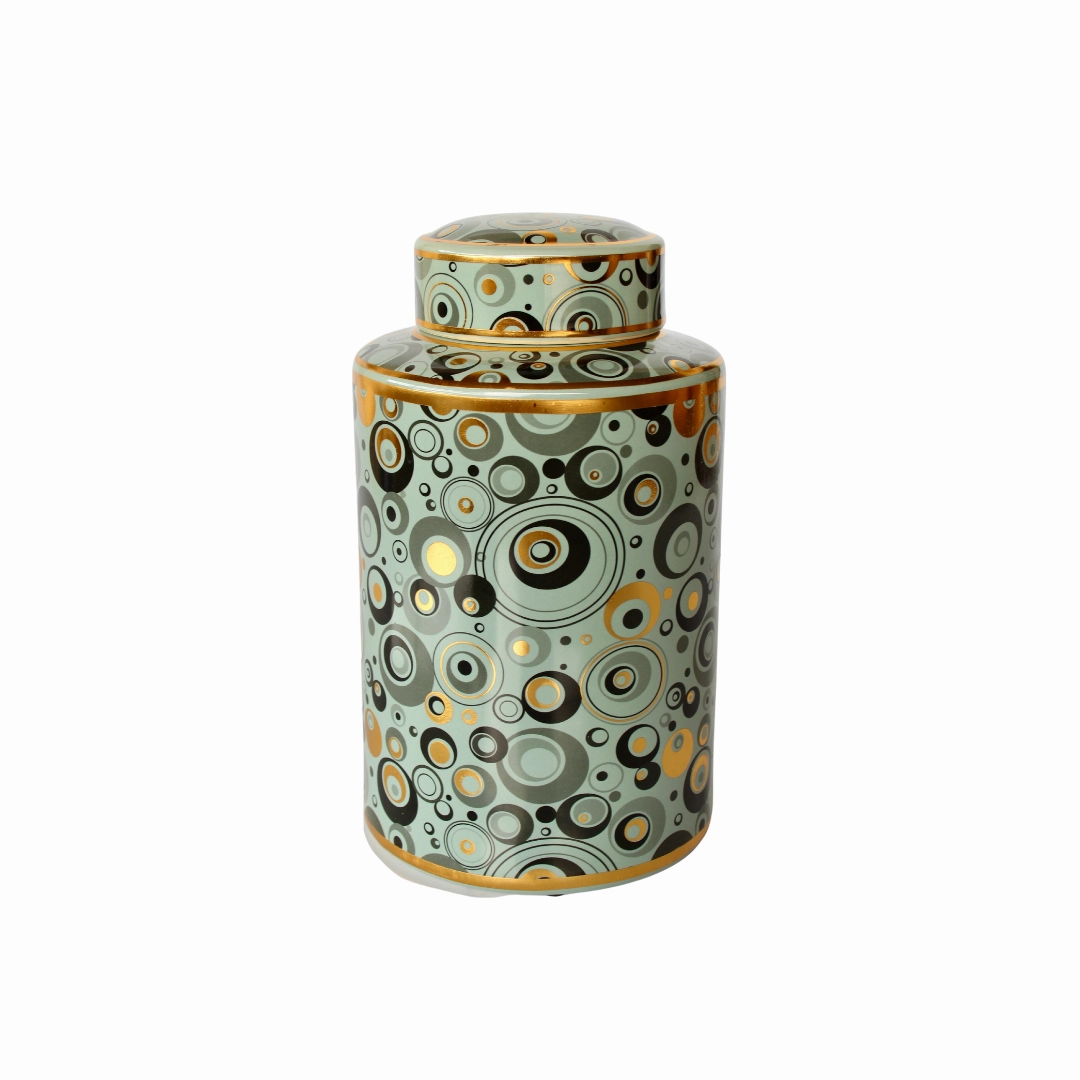 GREEN, GOLD & BLACK CIRCLES JAR WITH LID 31X20CM decorative home ornament