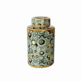 GREEN, GOLD & BLACK CIRCLES JAR WITH LID 31X20CM decorative home ornament
