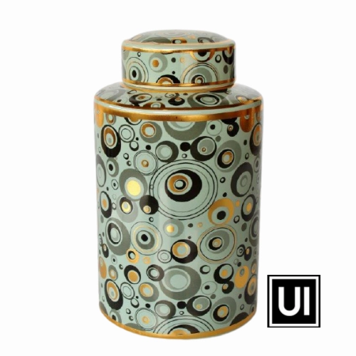 GREEN, GOLD & BLACK CIRCLES JAR WITH LID 31X20CM