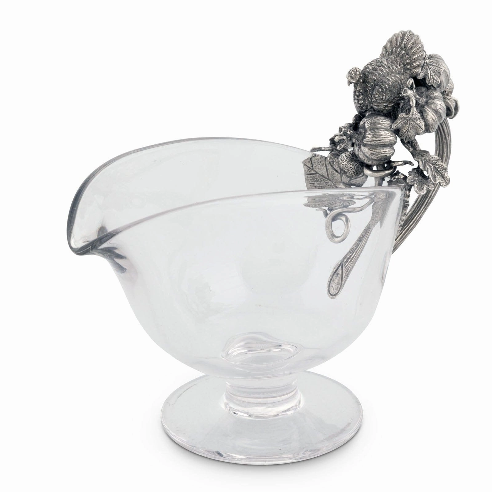 Hand Blown Glass Gravy Boat Pewter Harvest Turkey