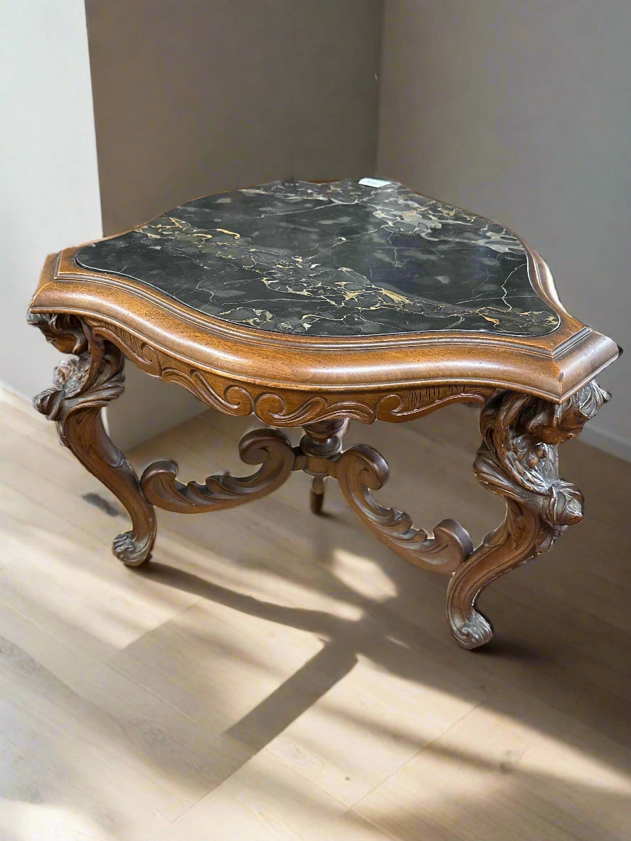 HAND CARVED EARLY 1900S TRIANGULAR  MARBLE TOP END TABLE artistic wall mural
