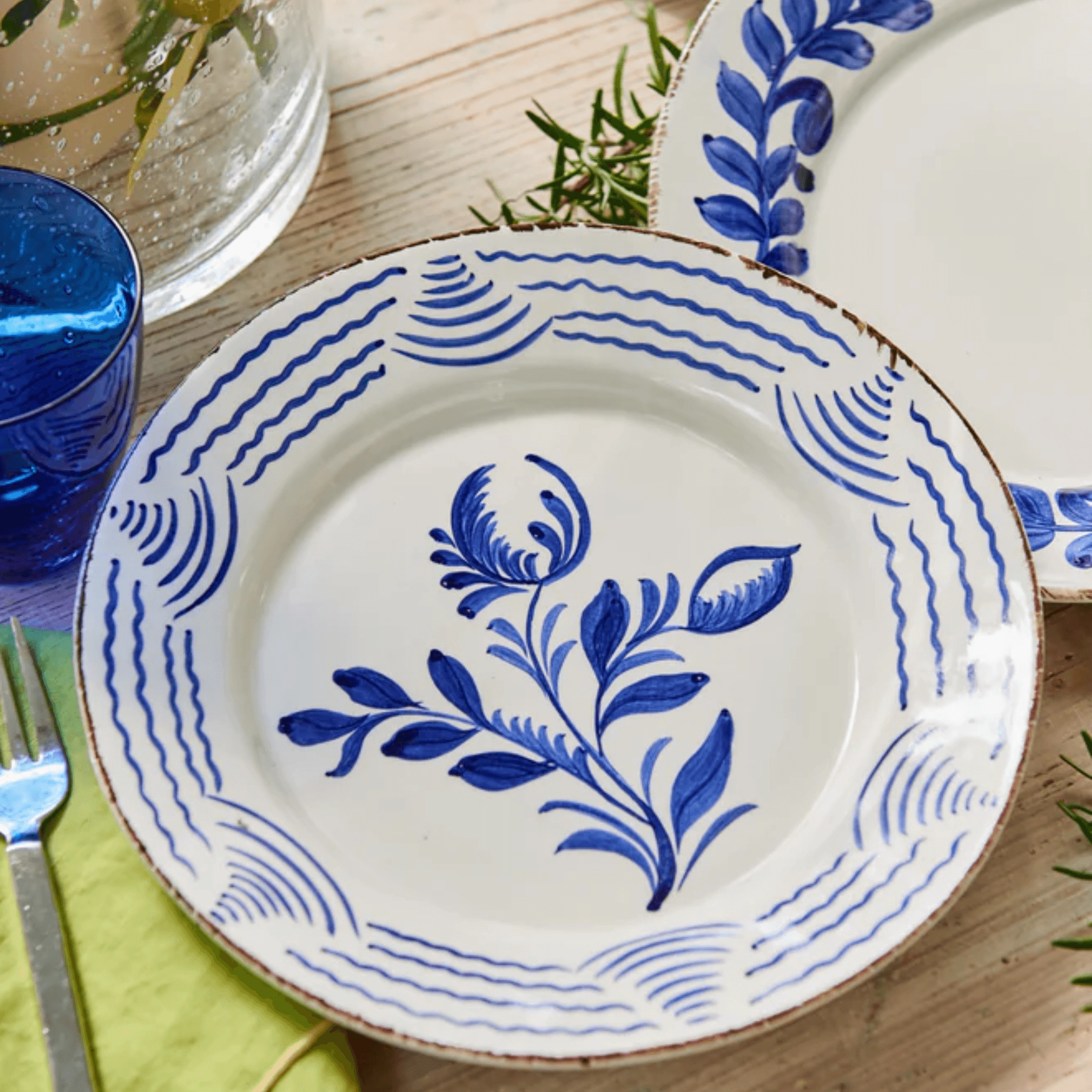 Hand Painted Blue & White Flowers and Shells Dinner Plates