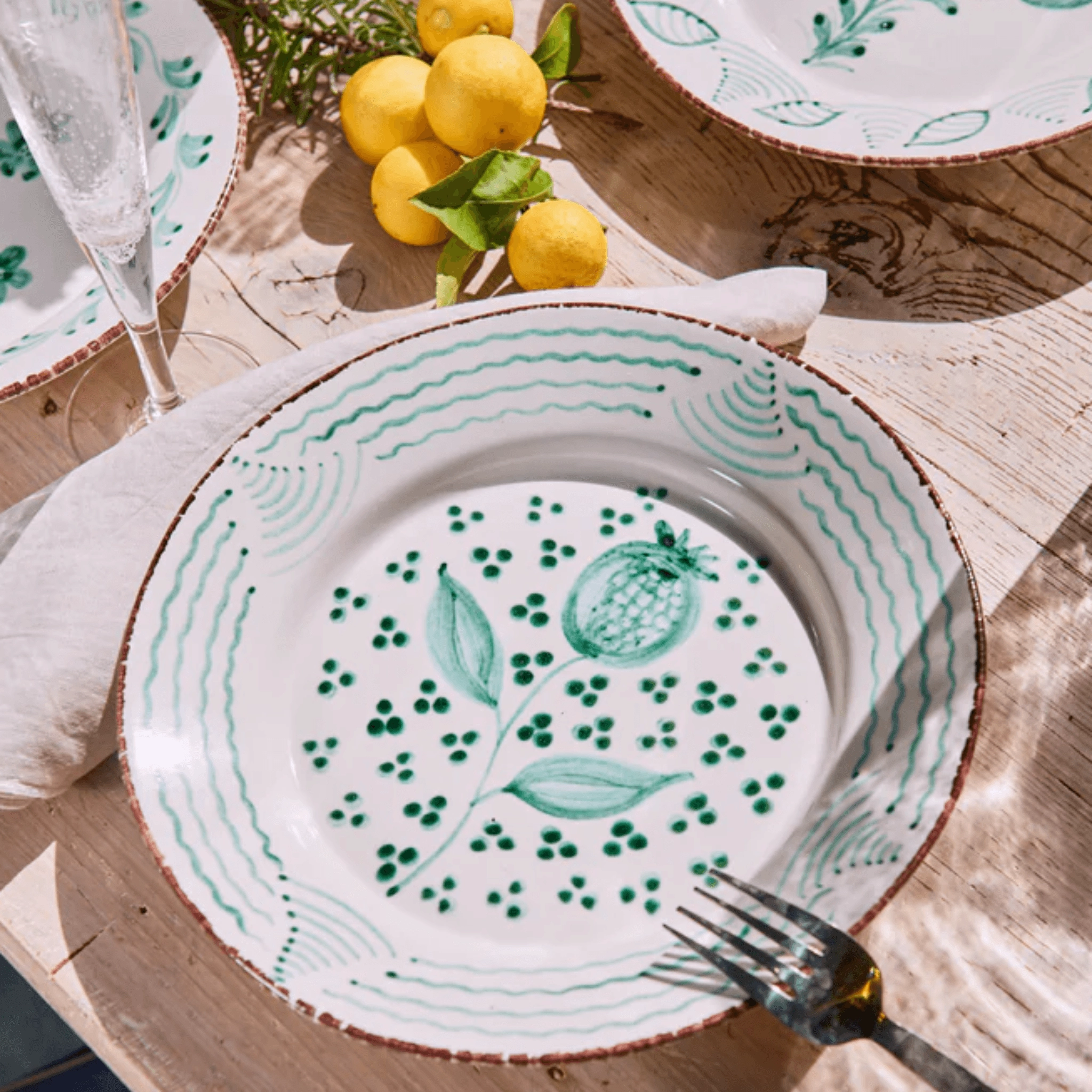 Hand Painted Green & White Flowers and Shells Dinner Plates