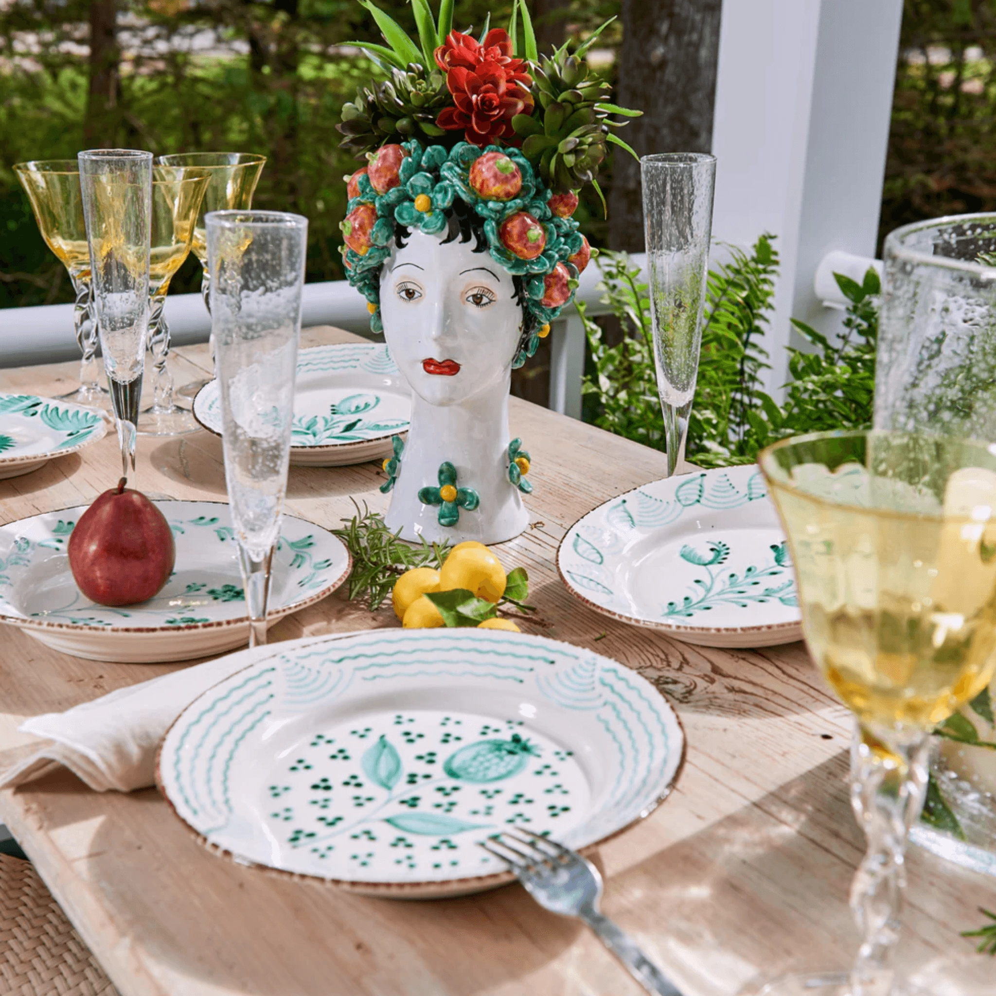 Hand Painted Green & White Flowers and Vines Dinner Plates