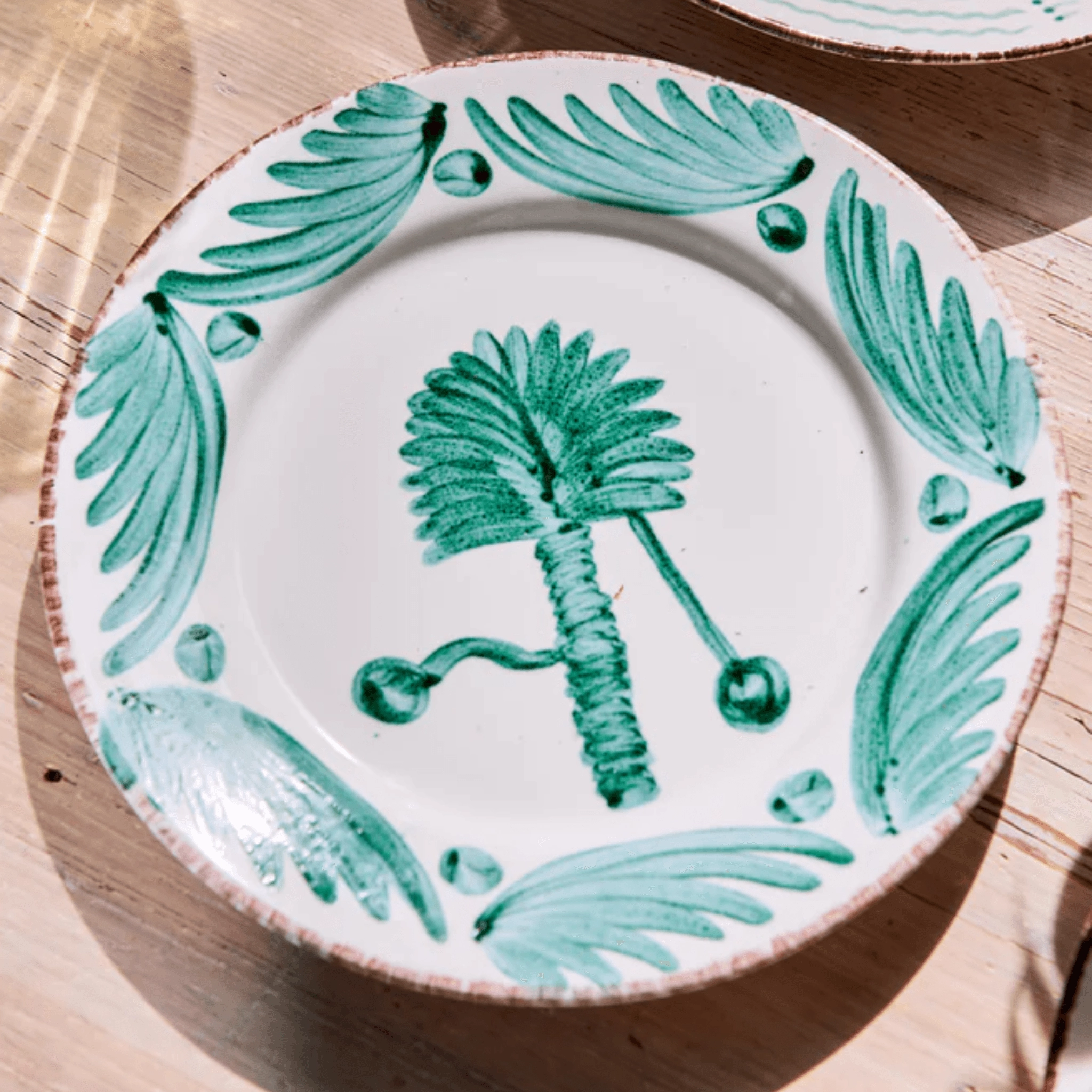 Hand Painted Green & White Palm Dinner Plates
