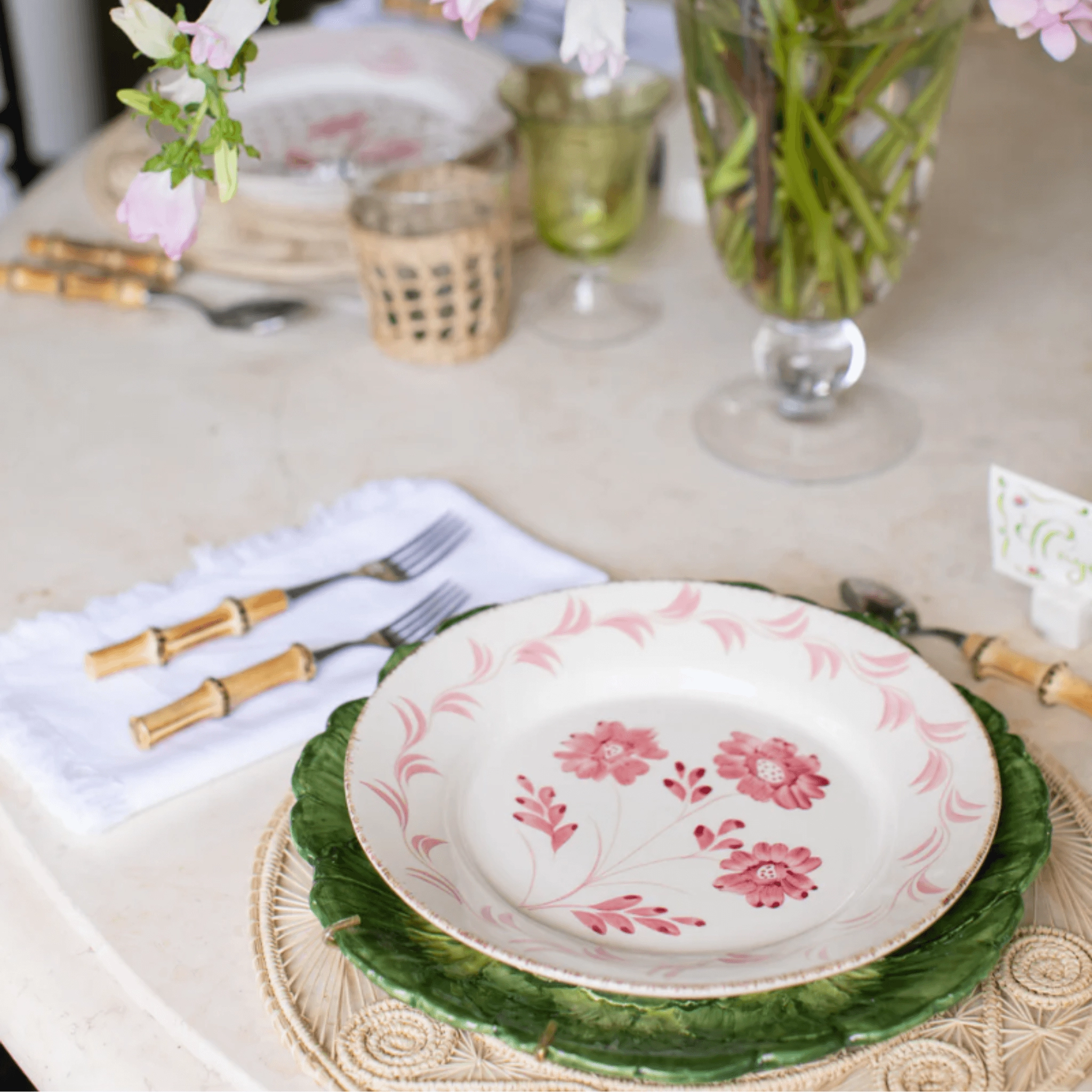 Hand Painted Pink & White Flowers and Vines Dinner Plates