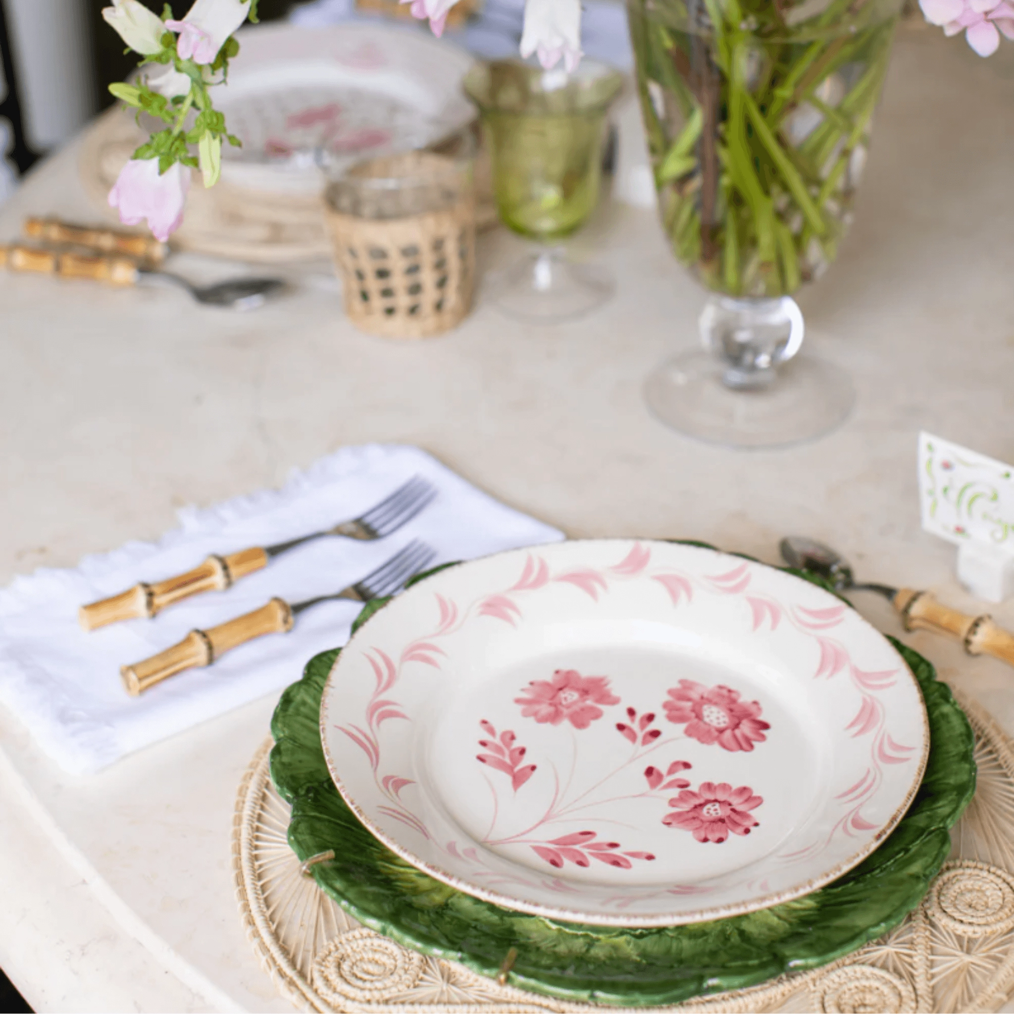 Hand Painted Pink & White Flowers and Vines Dinner Plates