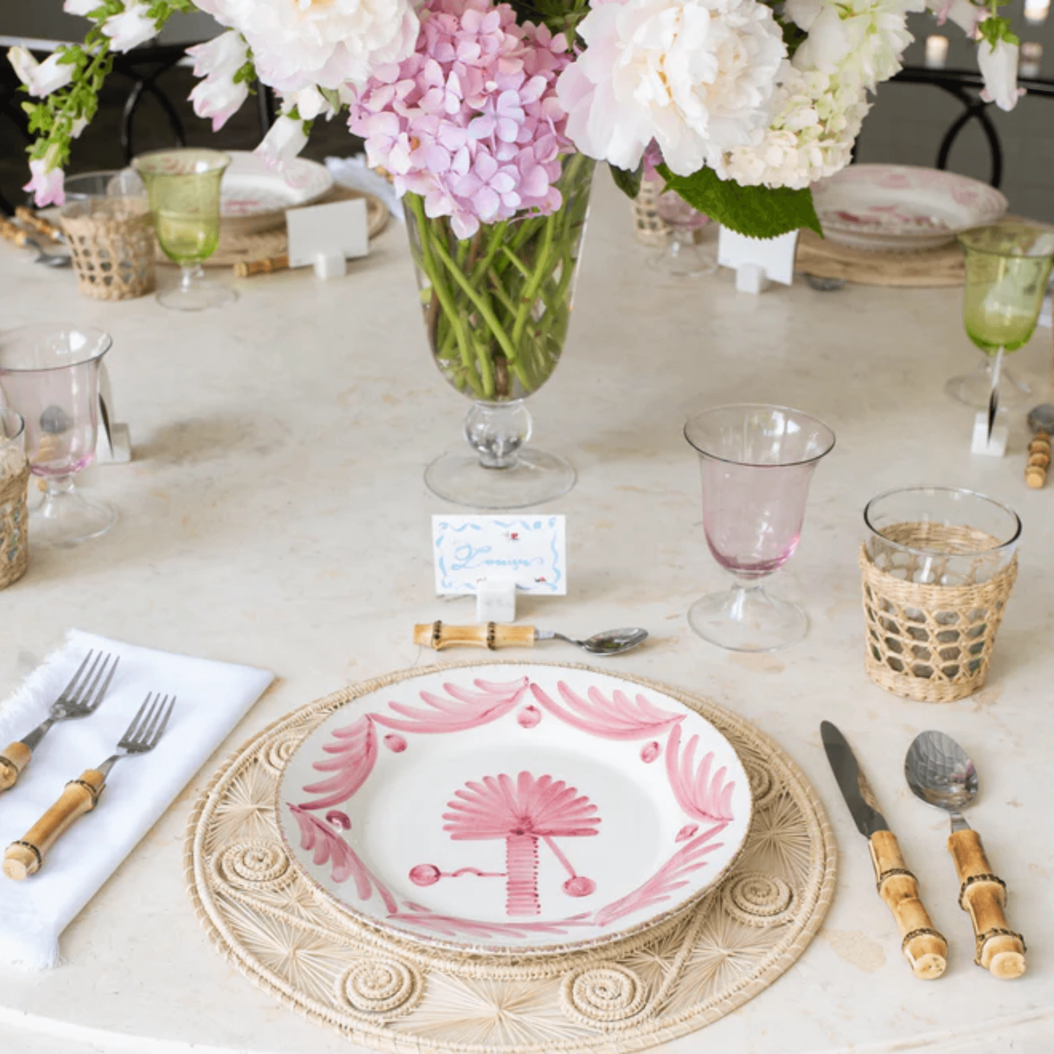 Hand Painted Pink & White Palm Dinner Plates