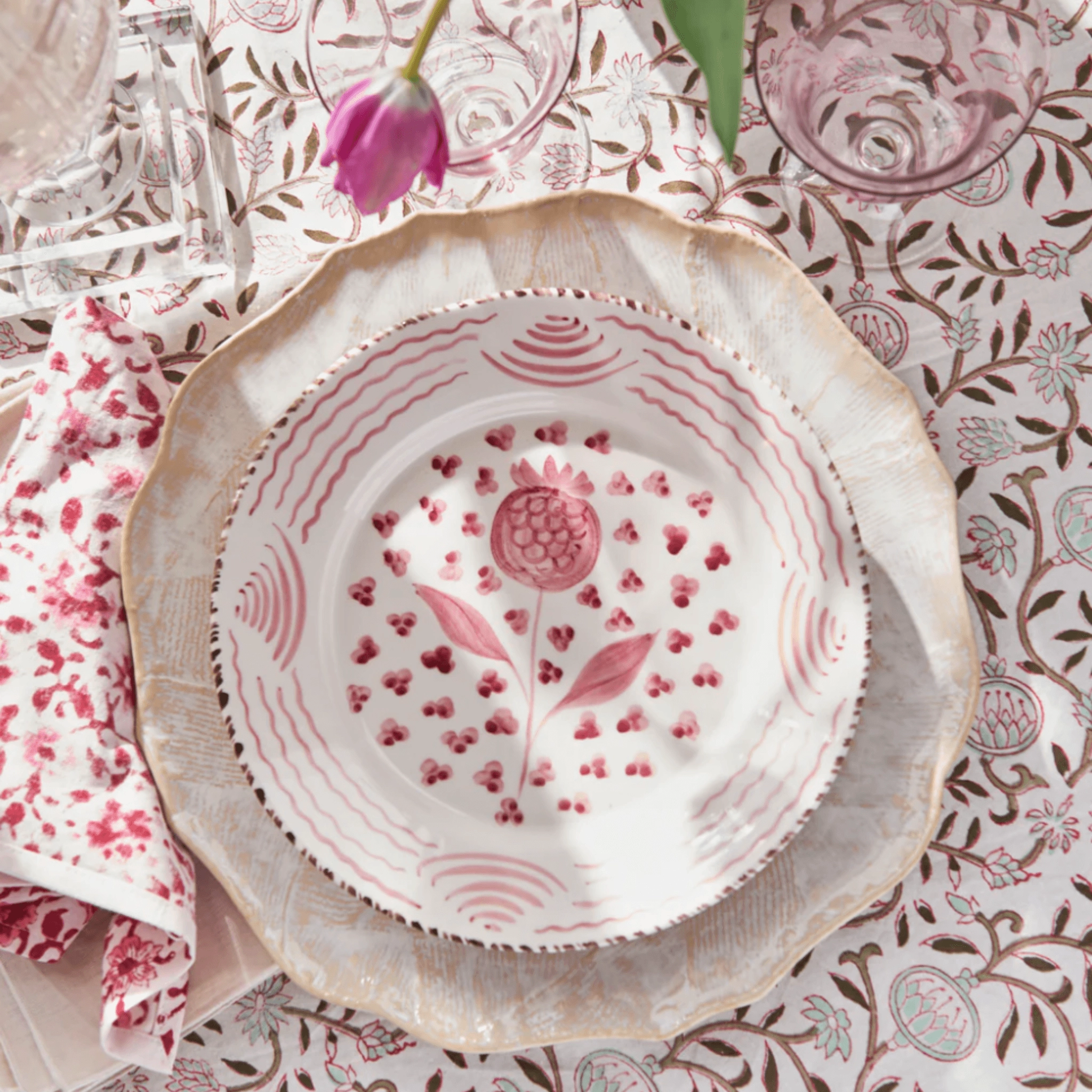 Hand Painted Pink & White Pomegranate Dinner Plates