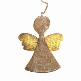 Hanging Wooden Distressed Angel with Tin Wings Christmas Ornament, 5-1/4-inch wooden room decoration