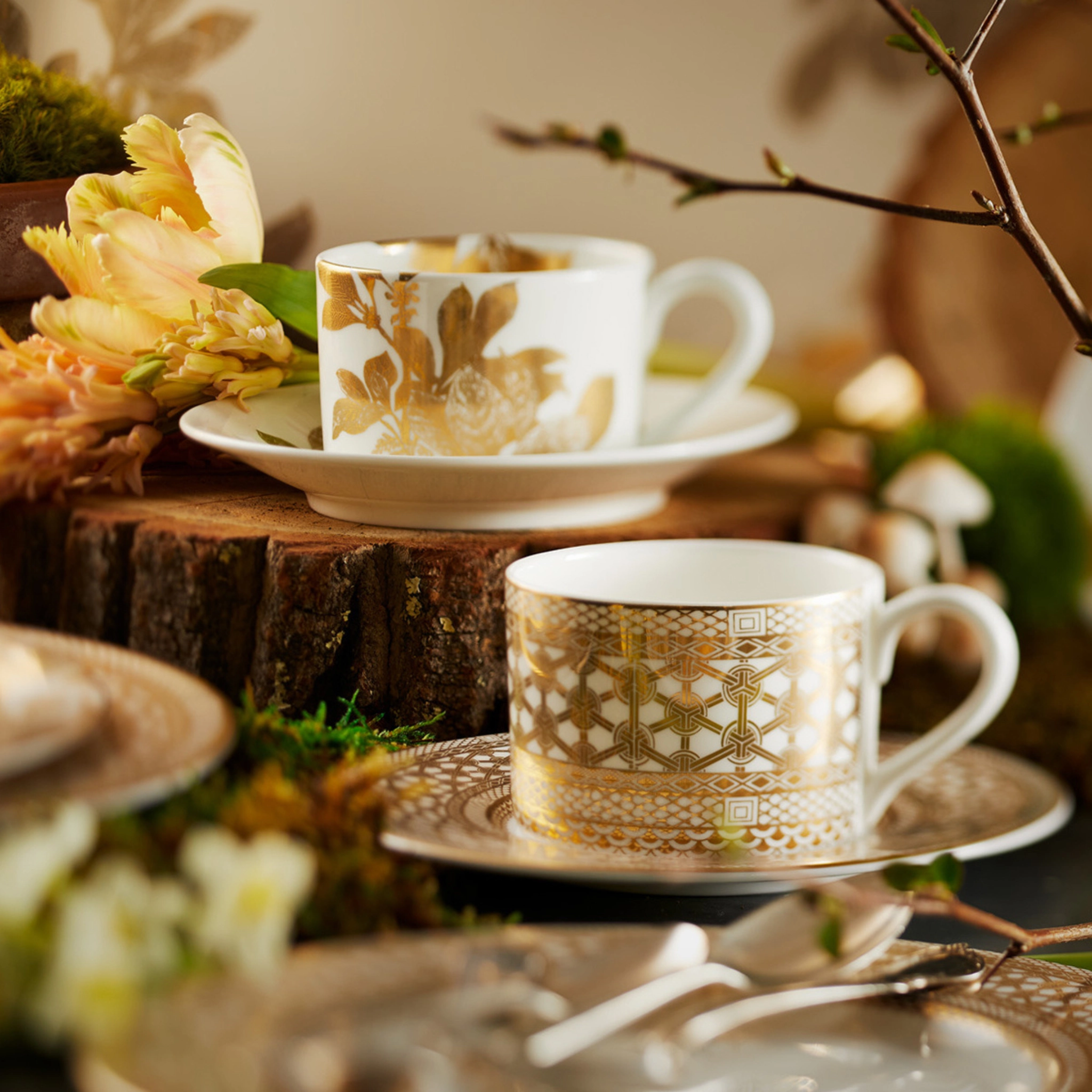 Hawthorne Gilt Cup & Saucer-Set of 4