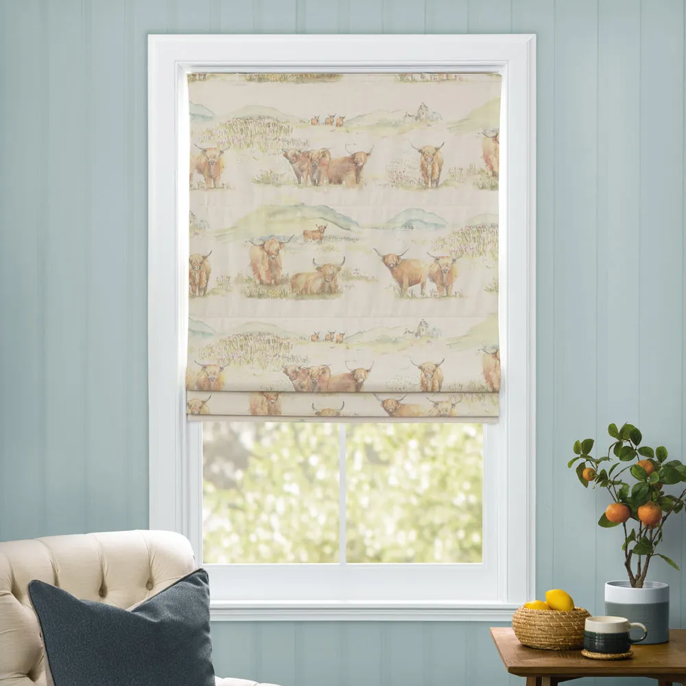 Highland Cattle Printed Linen Made to Measure Roman Blinds Natural