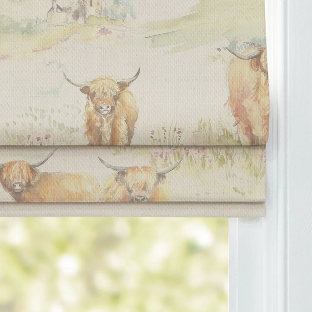 Highland Cattle Printed Linen Made to Measure Roman Blinds Natural