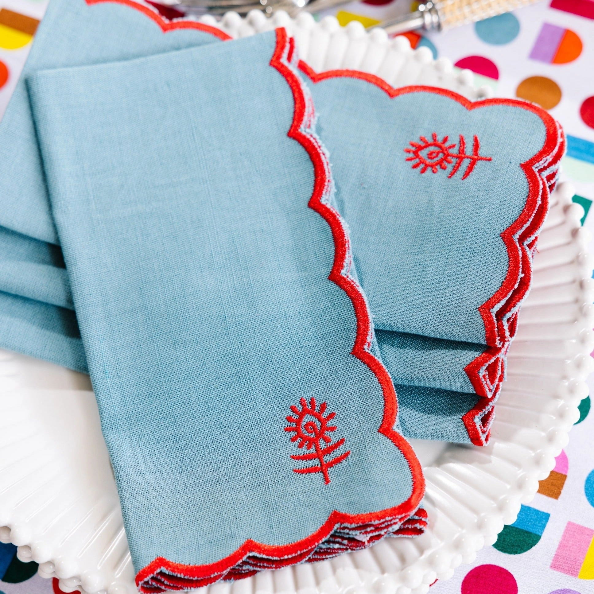 Icon Linen Napkins, Set of 4 in Aqua   Cherry