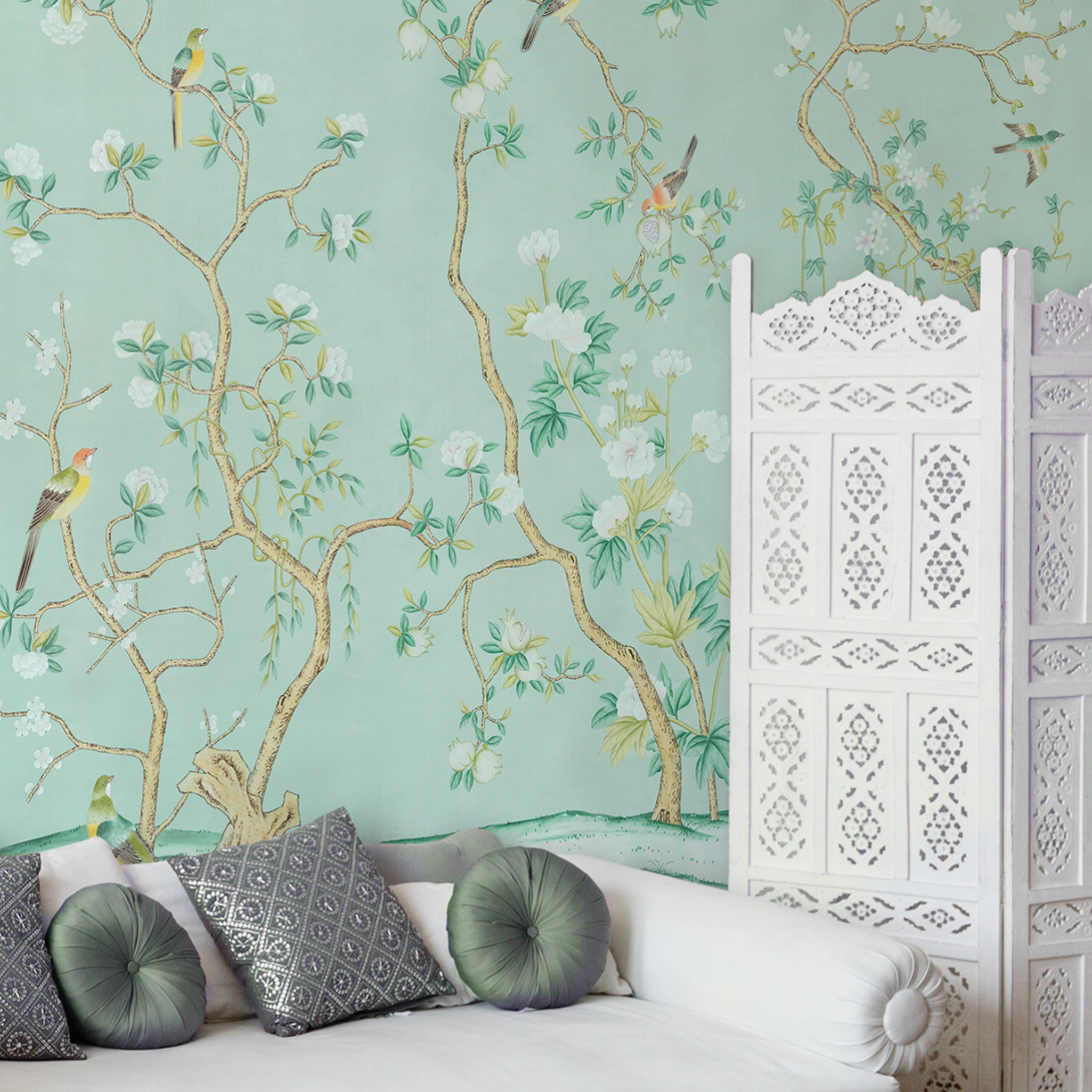 Jinan Chinoiserie Mural Wallpaper Panels in Aqua