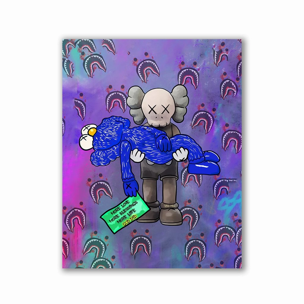 Kaws Blue by Kiss Pink framed mural artwork