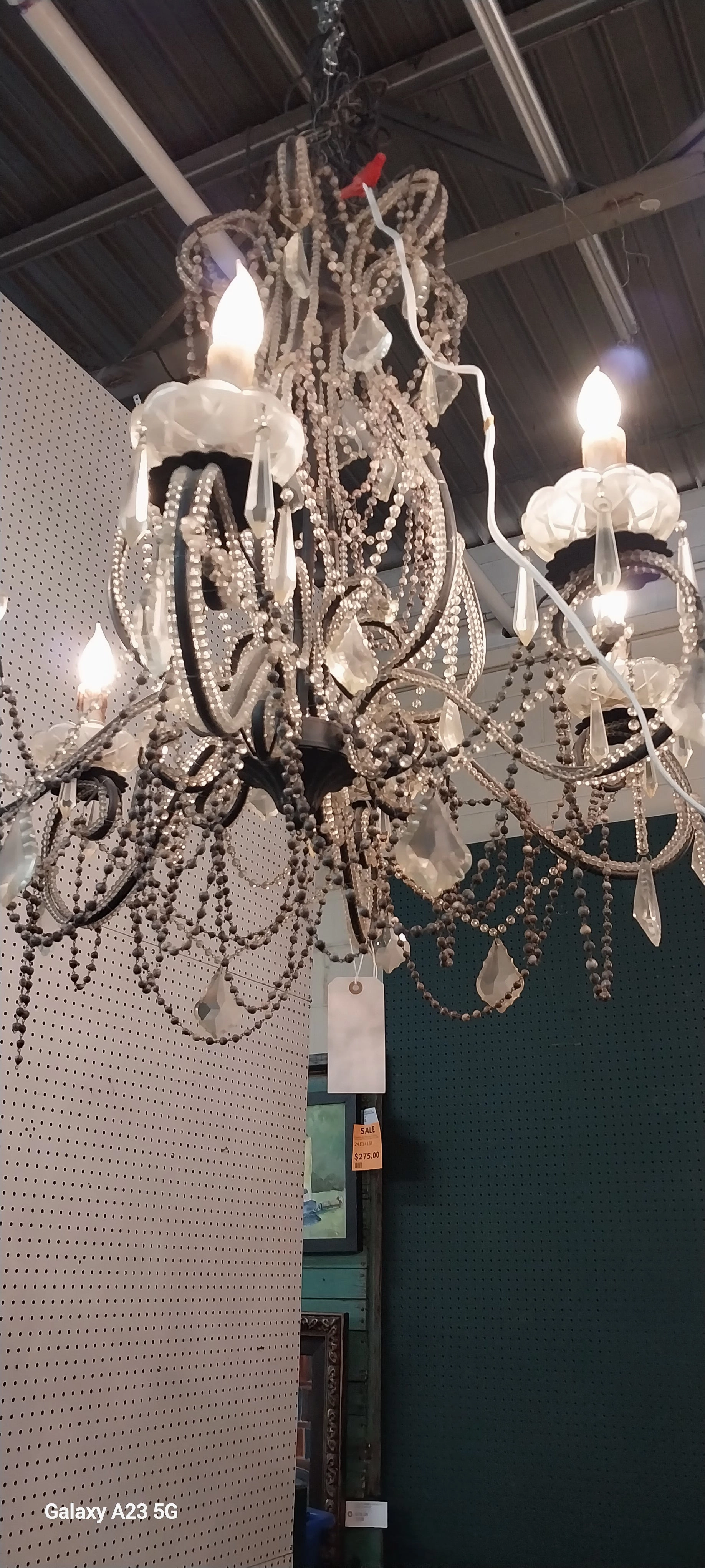 LARGE 6 LIGHT IRON CHANDELIER WITH GLASS AND STONE BEADS