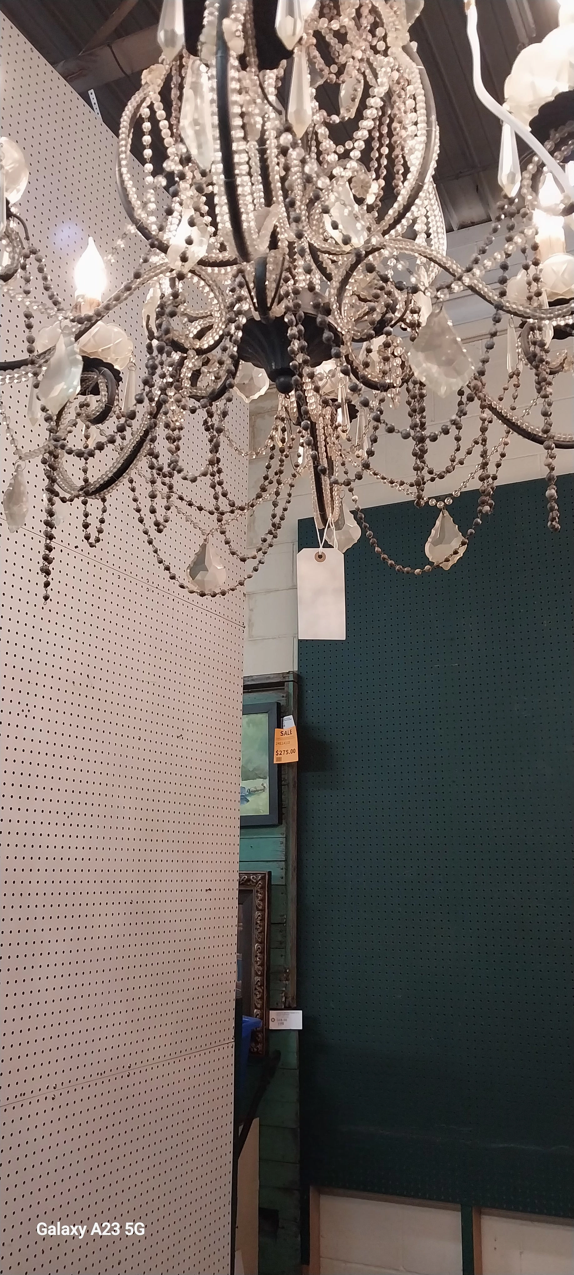LARGE 6 LIGHT IRON CHANDELIER WITH GLASS AND STONE BEADS