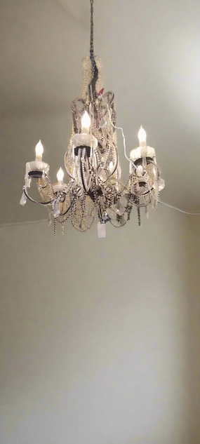 LARGE 6 LIGHT IRON CHANDELIER WITH GLASS AND STONE BEADS artistic wall mural