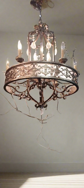 LARGE 9 LIGHT ROUND IRON CHANDELIER artistic wall mural