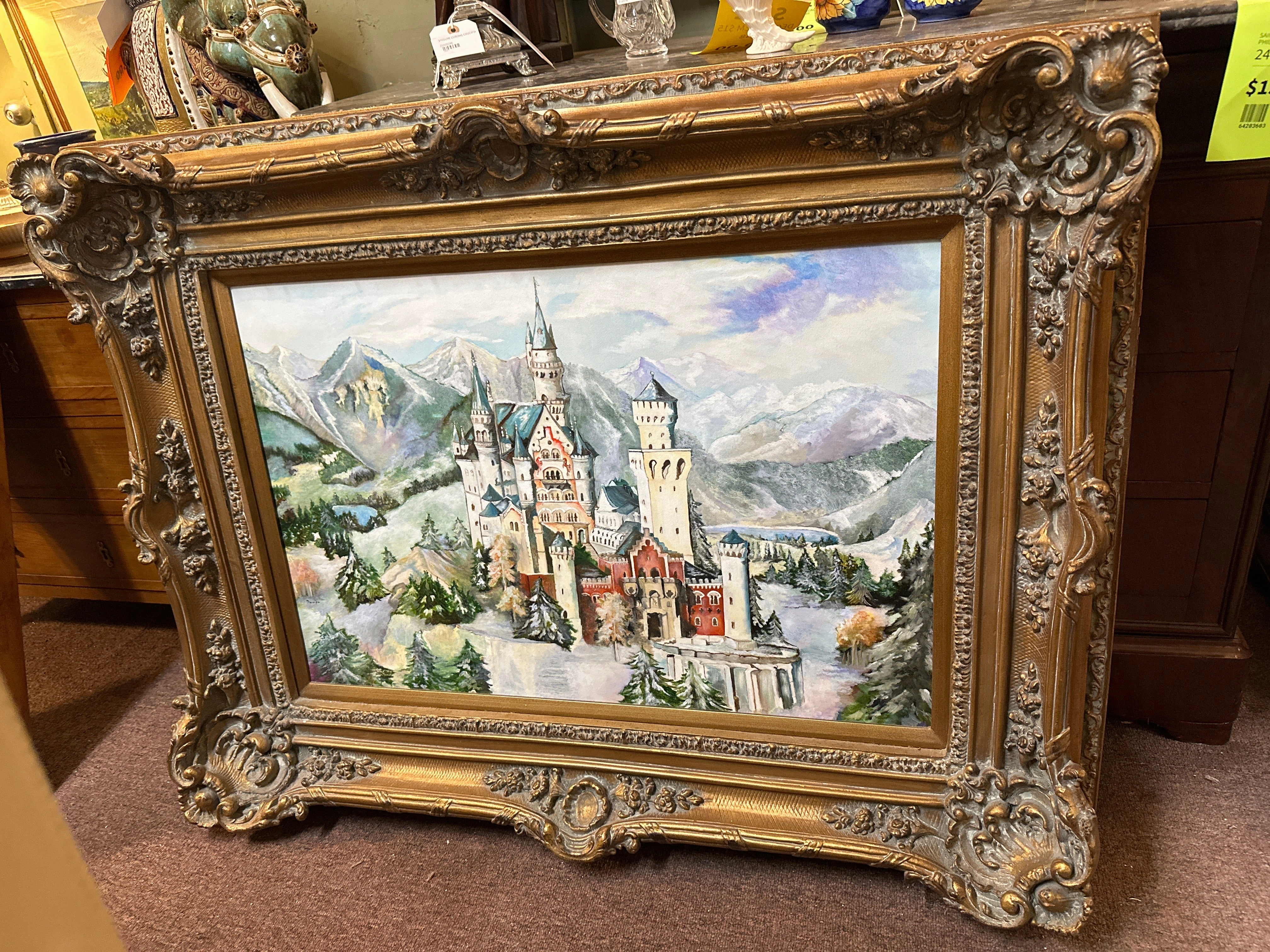 LARGE BAROQUE GILT FRAMED CASTLE OIL PAINTING BY MAUDE WATERS artistic wall mural