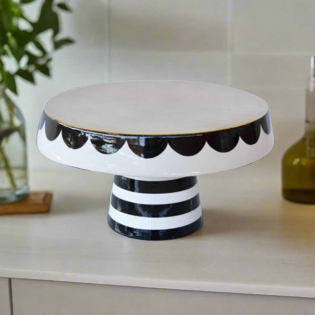 Large black and white cake stand scallop edge decorative home ornament