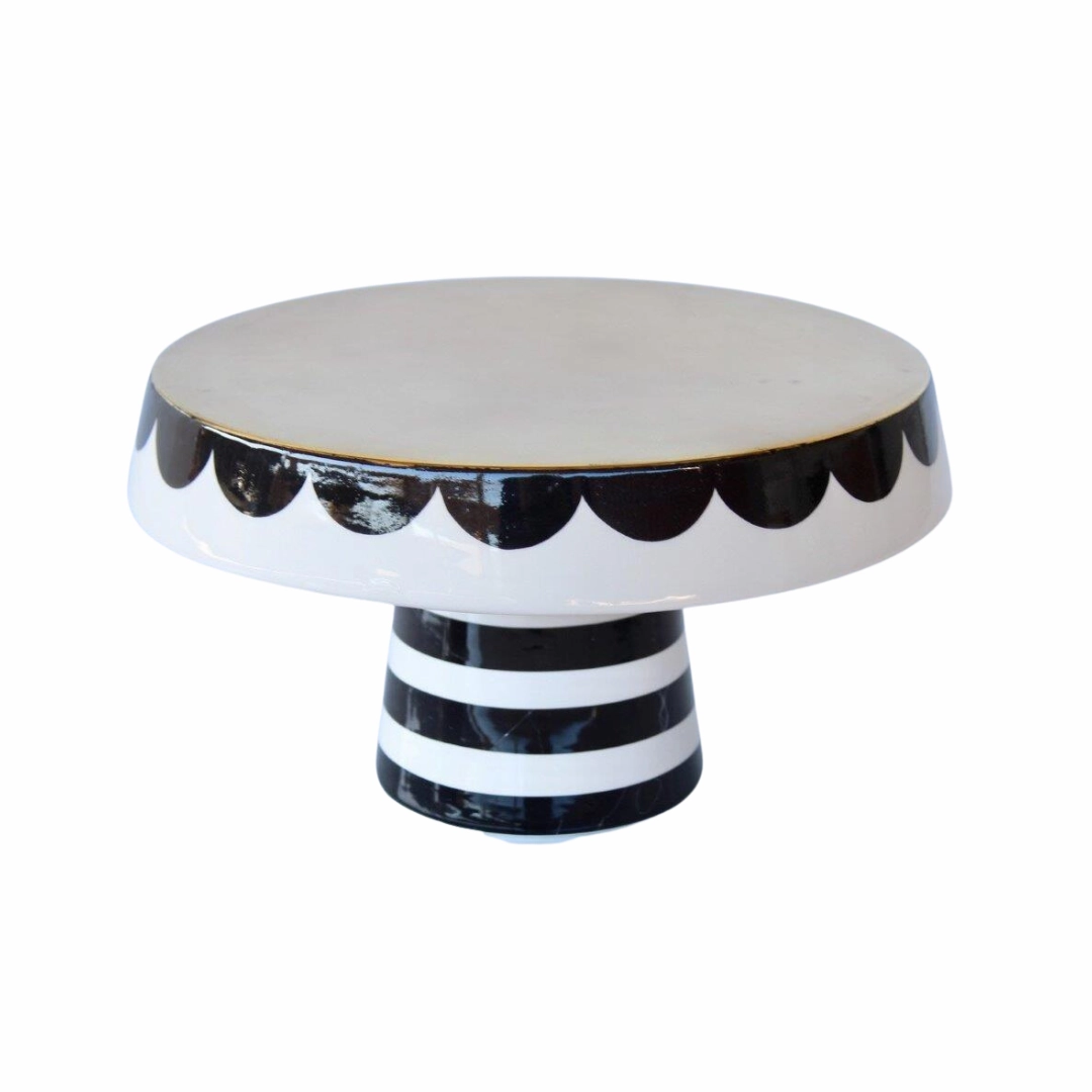 Large black and white cake stand scallop edge