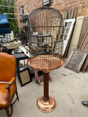 LARGE COPPER AND IRON HANGING BIRD CAGE WITH COPPER BASE artistic wall mural