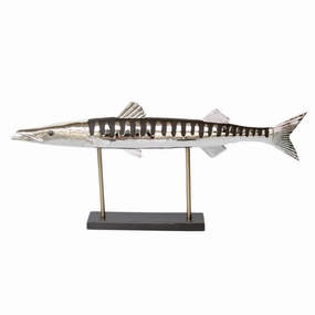 LARGE DISTRESSED BLACK & SILVER BARRACUDA ON STAND 40X87CM decorative home ornament