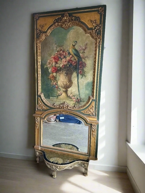 LARGE FLORAL AND BIRD TRUMEAU MIRROR WITH BLACK GLASS AND GILT BASE  MID 20TH CENTURY artistic wall mural