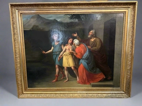 LARGE FRAMED ITALIAN OIL PAINTING- TOBIT SENDING HIS SON TOBIAS TO MEDIA WITH THE ANGEL RAPHAEL artistic wall mural