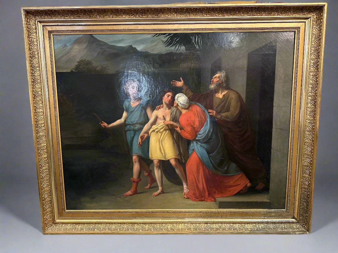 LARGE FRAMED ITALIAN OIL PAINTING- TOBIT SENDING HIS SON TOBIAS TO MEDIA WITH THE ANGEL RAPHAEL artistic wall mural