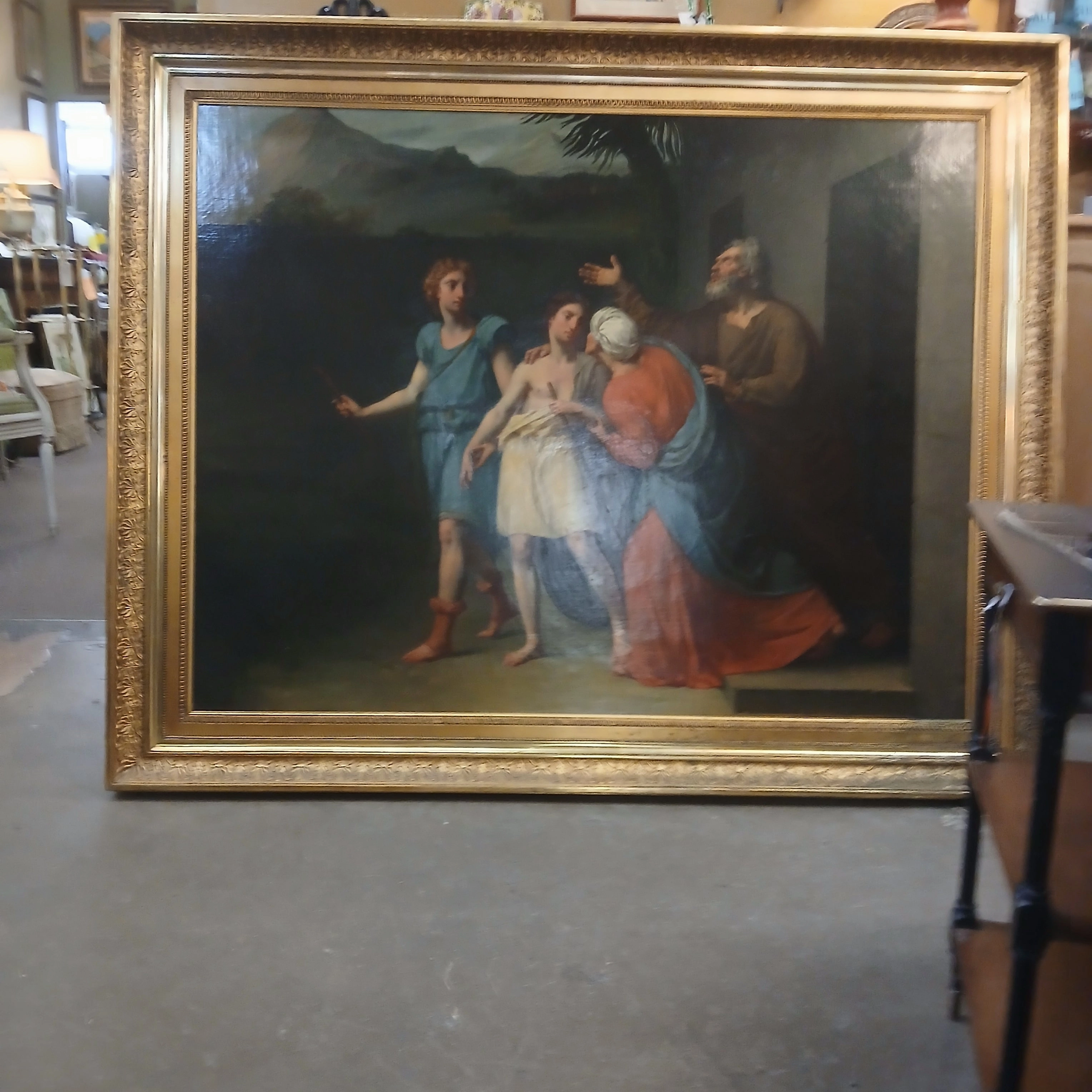 LARGE FRAMED ITALIAN OIL PAINTING- TOBIT SENDING HIS SON TOBIAS TO MEDIA WITH THE ANGEL RAPHAEL