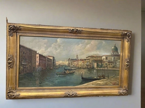 LARGE FRAMED  MIDCENTURY VENICE OIL PAINTING SIGNED artistic wall mural