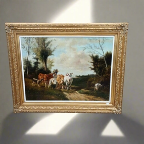 LARGE FRAMED OIL PAINTING OF COWS artistic wall mural