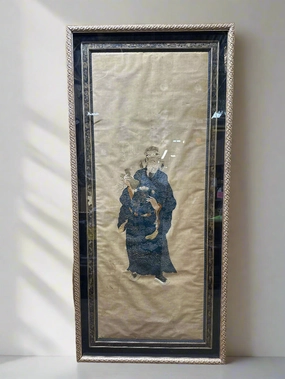 LARGE FRAMED SILK EMBROIDERERY OF AN ASIAN MAN artistic wall mural