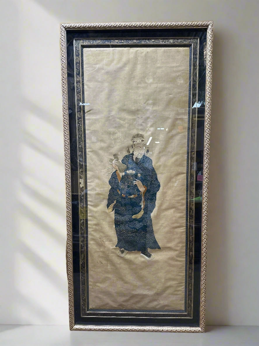 LARGE FRAMED SILK EMBROIDERERY OF AN ASIAN MAN artistic wall mural