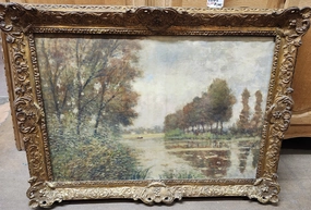 LARGE GILT FRAMED  IMPRESSIONIST OIL PAINTING OF A LAKE artistic wall mural