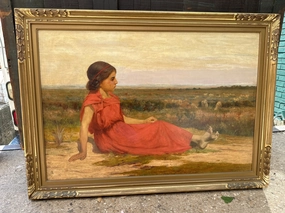 LARGE GILT FRAMED OIL PAINTING OF A SHEPPARDESS, RECLINING ON THE GROUND- SIGNED SHONBORN artistic wall mural
