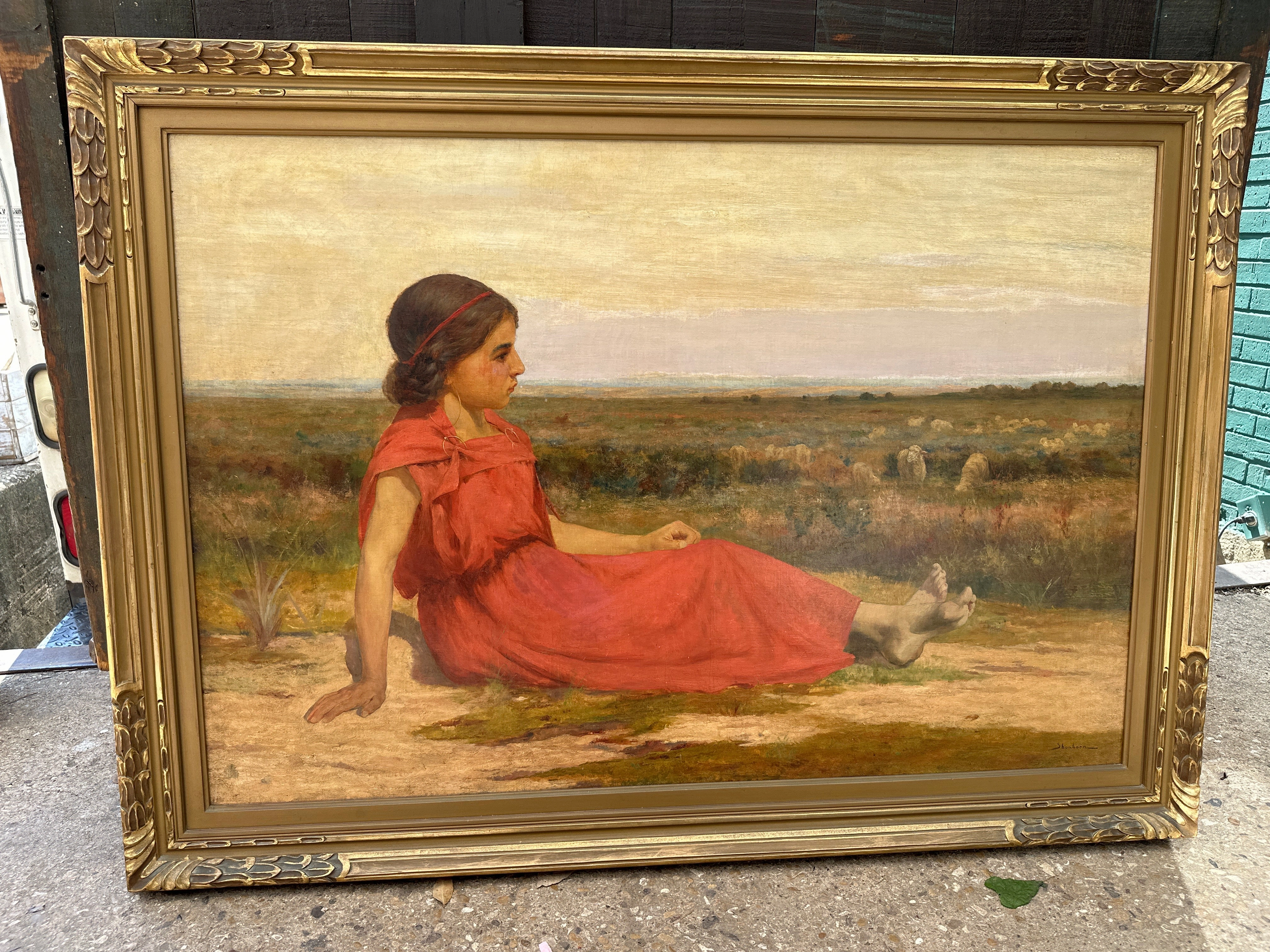 LARGE GILT FRAMED OIL PAINTING OF A SHEPPARDESS, RECLINING ON THE GROUND- SIGNED SHONBORN artistic wall mural