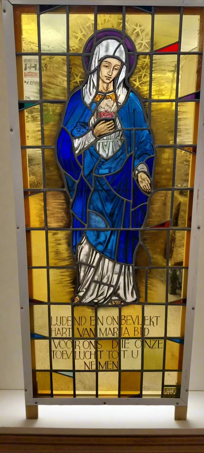 LARGE IMMACULATE HEART OF MAR STAINED GLASS WINDOW ATTRIBUTED TO BELGIAN ARTIST JAN WOUTERS artistic wall mural