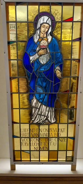 LARGE IMMACULATE HEART OF MAR STAINED GLASS WINDOW ATTRIBUTED TO BELGIAN ARTIST JAN WOUTERS artistic wall mural
