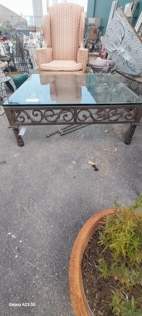 LARGE IRON BASE COFFEE TABLE WITH THICK GLASS TOP artistic wall mural