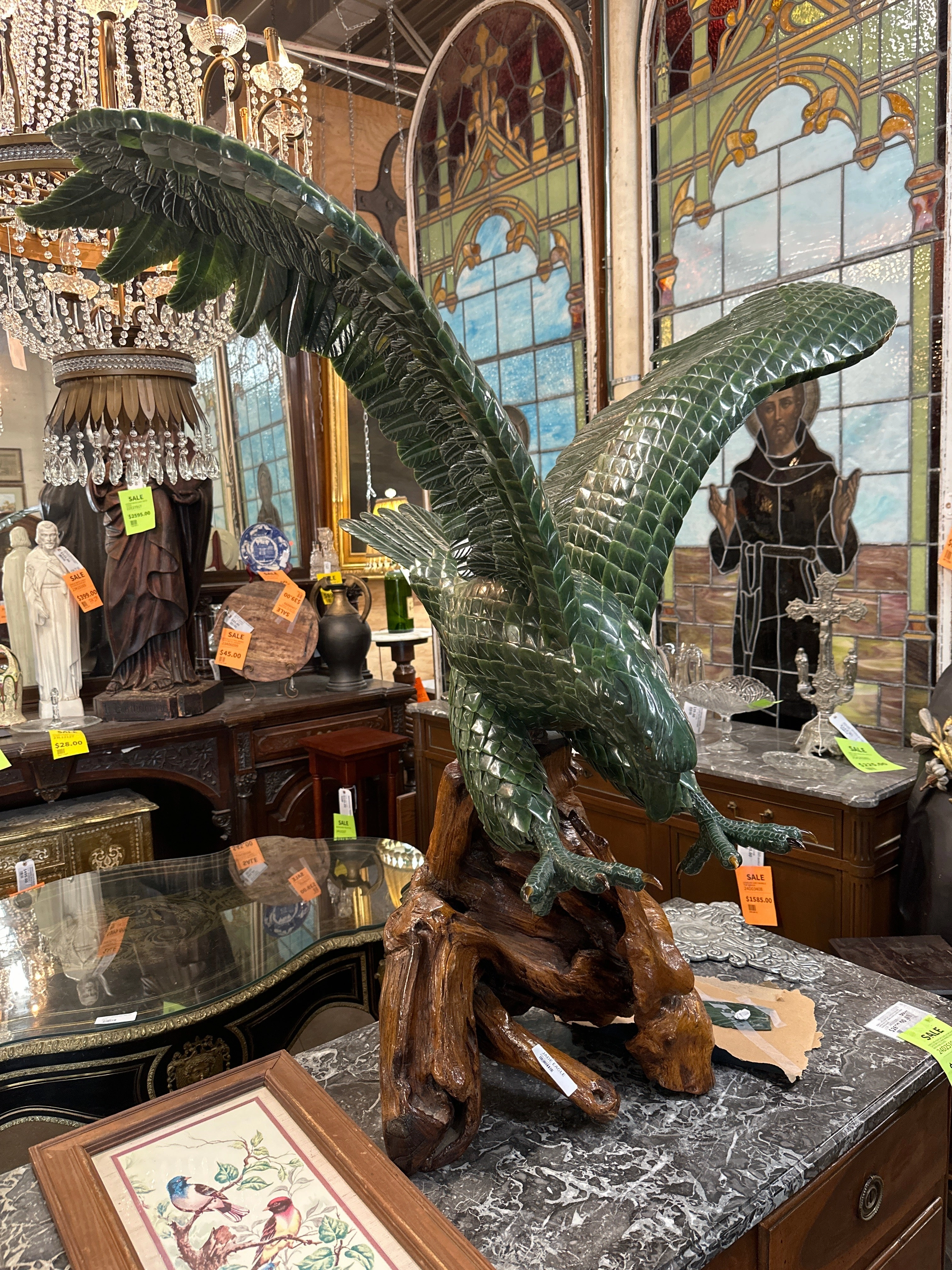 LARGE JADE EAGLE ON WOOD BASE