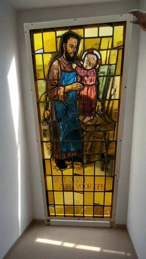 LARGE JOSEPH AND JESUS  STAINED GLASS  WINDOW BY BELGIAN ARTIST JAN WOUTERS artistic wall mural