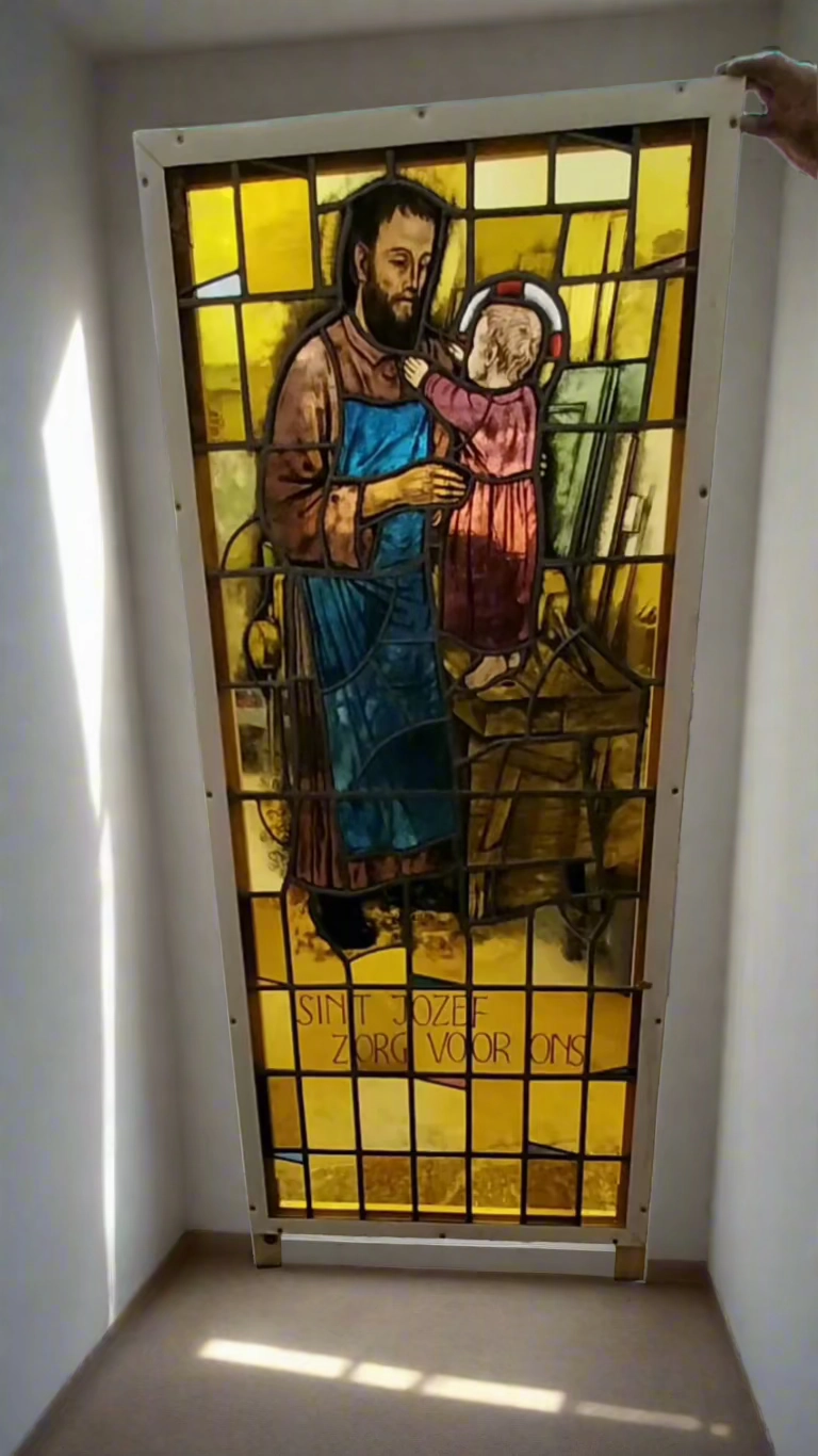 LARGE JOSEPH AND JESUS  STAINED GLASS  WINDOW BY BELGIAN ARTIST JAN WOUTERS artistic wall mural